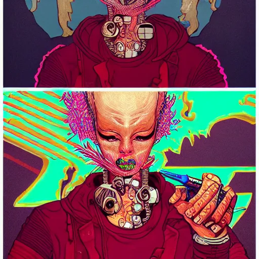 Image similar to portrait painting of a punk chain - smoking chicken cyborg, glitchwave, sharp focus, award - winning, trending on artstation, masterpiece, highly detailed, intricate. art by josan gonzales and moebius and deathburger