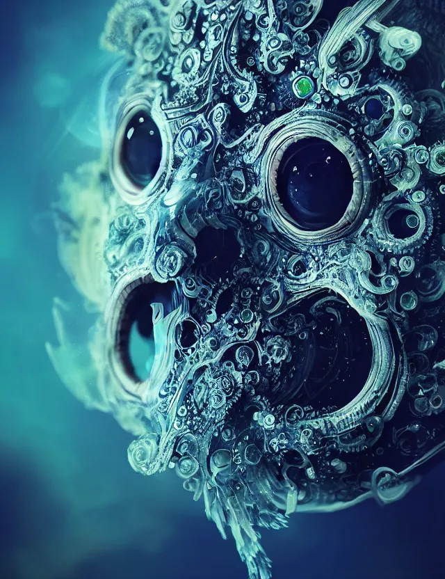 Image similar to eye of god macro close - up portrait with mask made of ram skull. betta fish, jellyfish phoenix, plasma, ice, water, wind, creature, super intricate ornaments artwork by tooth wu and wlop and beeple and greg rutkowski