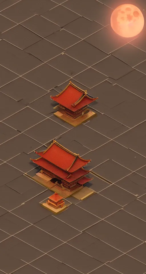 Prompt: isometric japanese temple with full blood-moon behind the top, trending on artstation, 3D render, unreal engine 5