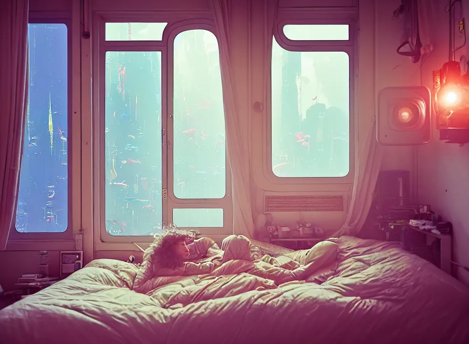 Prompt: telephoto 7 0 mm f / 2. 8 iso 2 0 0 photograph depicting the feeling of chrysalism in a cosy cluttered french sci - fi ( art nouveau ) cyberpunk apartment in a pastel dreamstate art cinema style. ( aquarium bed, computer screens, window ( city ), leds, lamp, ( ( ( bed ) ) ) ), ambient light.