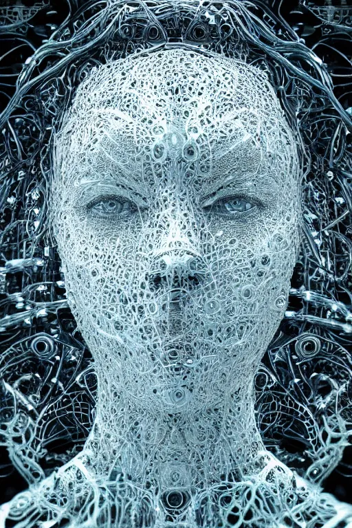 Prompt: a melancholic realistic 8k sculpture of a complex robotic human face, liquid metal simulation, bright psychedelic neon colors, dark dramatic lighting, hexagonal mesh wire, filigree intricate details, cinematic, fleshy musculature, white blossoms, elegant, 50mm lens, DOF, octane render, art nouveau, 8k post-processing, intricate art by Eddie Mendoza