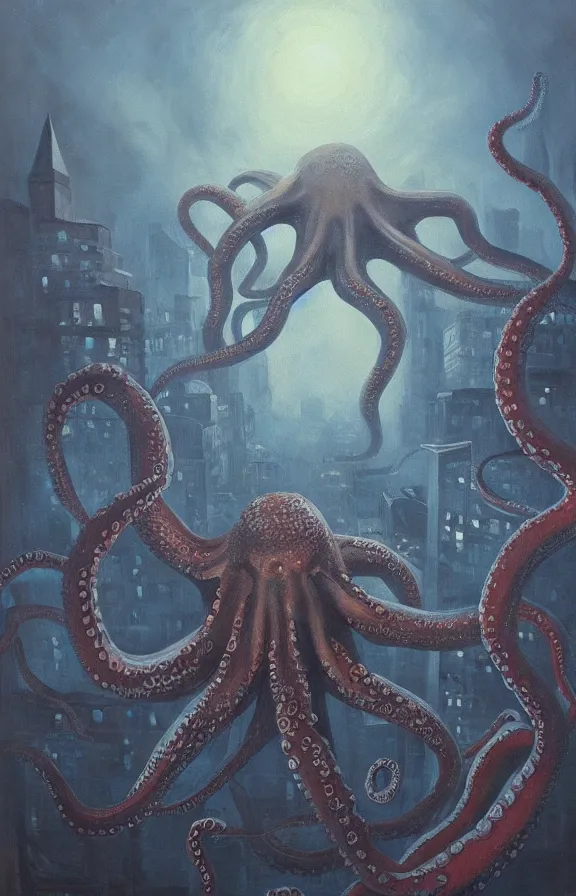 Image similar to a giant octopus monster moving through a foggy and dim city, extremely detailed!!! oil painting, dull palette