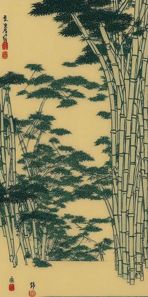 Image similar to a minimalist picture of a beautiful and magical bamboo forest landscape, by hokusai