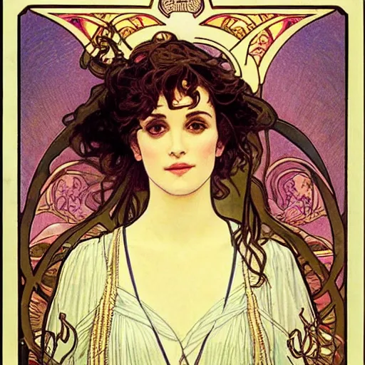 Image similar to winona ryder portrait by louis - theophile hingre and alphonse mucha, realistic, sharp focus, zodiac signs, tarot cards, planets, ethereal, art nouveau, magic, moon, sun, crown, dreamy, royal, jewellery