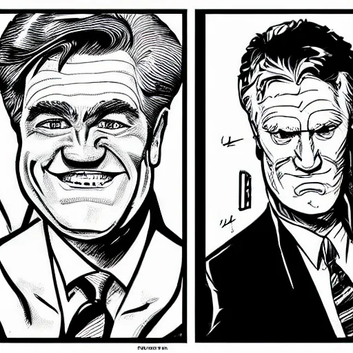 Image similar to jay leno, conan o'brien, david letterman drawn in the style of frank miller's sin city comics, black and white, panels