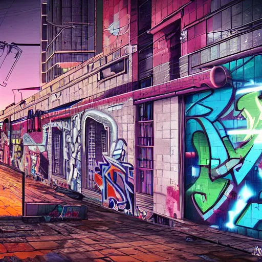 Image similar to graffiti on a wall in a cyberpunk city, happy mood, futuristic, high detail, sunset, realistic