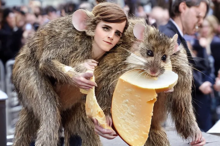 Image similar to photo, emma watson as furry antropomorphic rat, eats cheese, highly detailed, intricate details