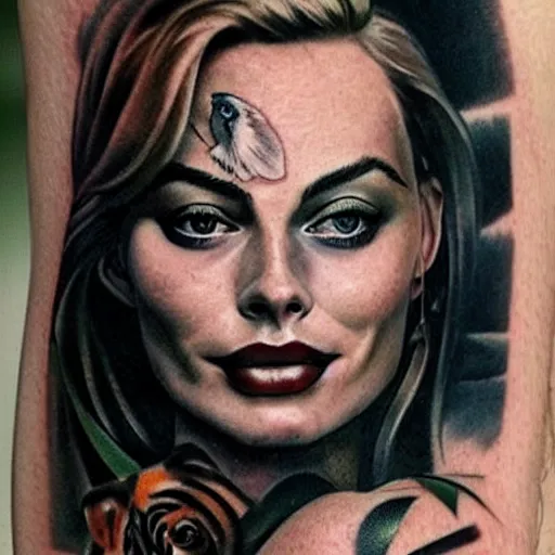 Image similar to realism tattoo design of margot robbie and nature mash up, in the style of arlo dicristina, amazing detail, face morph