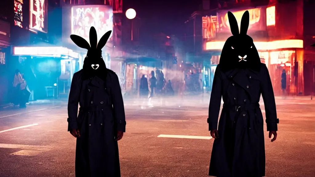 Image similar to a man in a trench coat wearing a black rabbit mask in front of a night club, film still from the movie directed by Denis Villeneuve with art direction by Salvador Dalí, wide lens