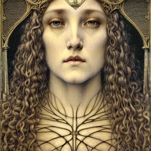 Image similar to detailed realistic beautiful young medieval queen face portrait by jean delville, gustave dore and marco mazzoni, art nouveau, symbolist, visionary, gothic, pre - raphaelite. horizontal symmetry