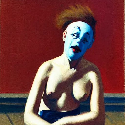 Prompt: “ edward hopper ’ s sad clown in the pose of stanczyk ”