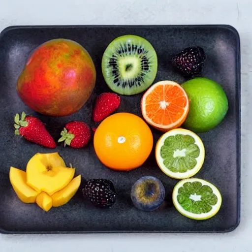 Prompt: a metal plate of cut fruit