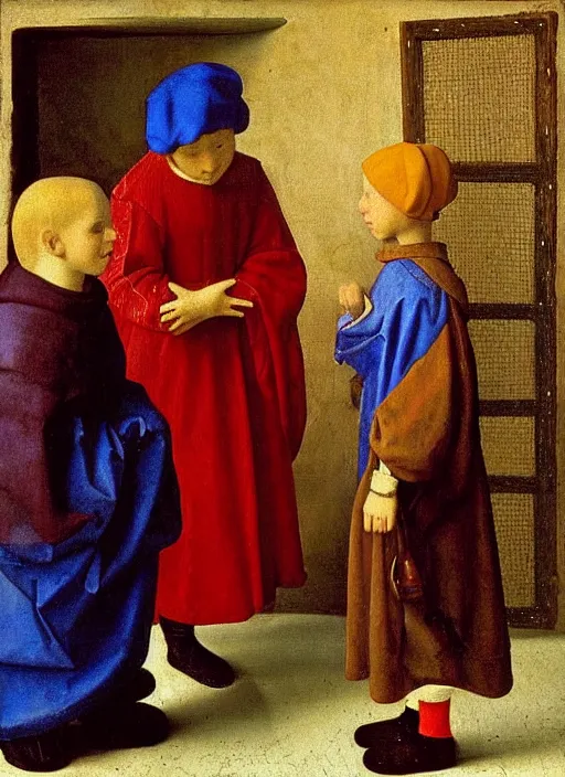 Image similar to Two little brothers meet a young man, medieval painting by Jan van Eyck, Johannes Vermeer, Florence