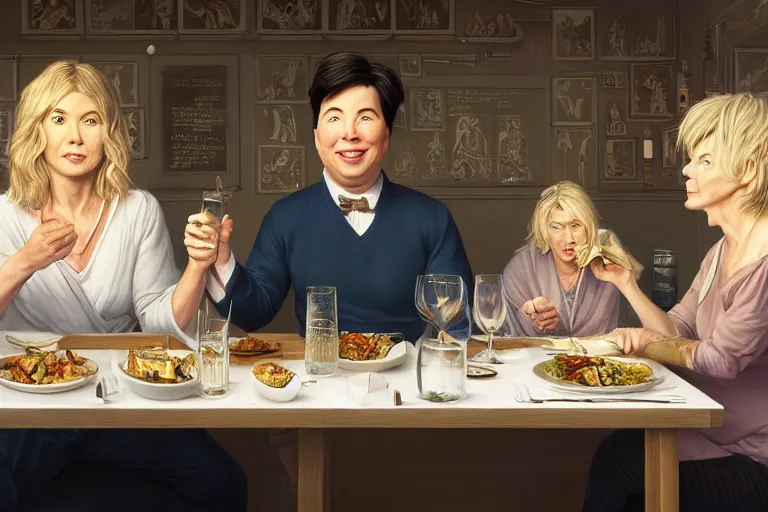 Image similar to portait of michael mcintyre and middle aged blonde woman with short hair and a blonde woman with long hair having dinner at sunday in brooklyn restaurant, anatomy, bathed in light, highly detailed, photorealistic, artstation, smooth, sharp focus, illustration, unreal engine 5, 8 k, art by artgerm and greg rutkowski and edgar maxence