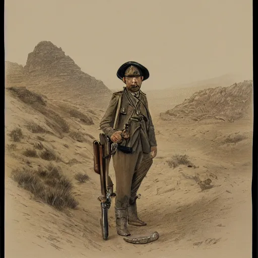 Prompt: a detailed photorealistic sepia - toned color line drawing of a 1 9 1 7 worried clean - shaven british lieutenant in detailed field gear not wearing a hat in wadi rum, ultra realistic, painted, intricate details, symmetrical features, lovecraft, atmospheric, dark, horror, brooding, highly detailed, by clyde caldwell