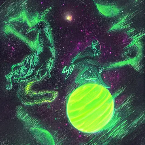 Image similar to a neon green space wallpaper , digital art, fantasy, magic, trending on artstation, ultra detailed, professional illustration by Basil Gogos