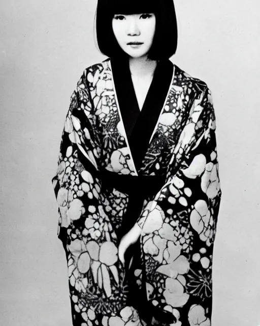 Prompt: photo of a trendy japanese woman with bangs in 1966, wearing an open kimono, artistic, black and white