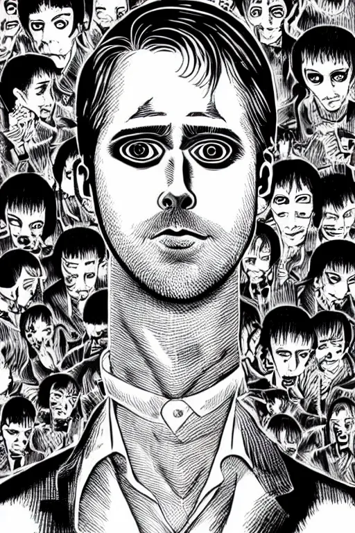 Prompt: junji ito illustration of ryan gosling