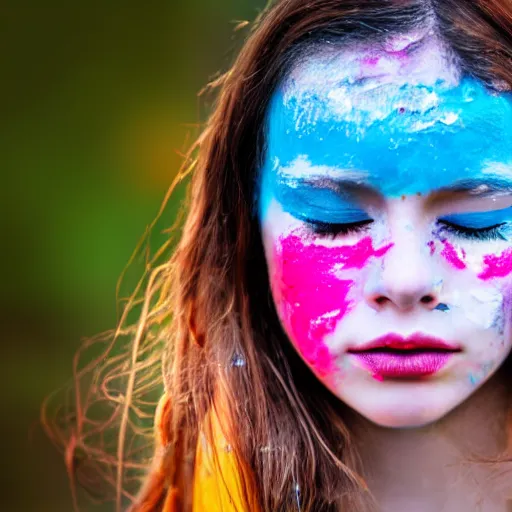 Prompt: 100mm bokeh realistic outdoors photo of a young adult with various colors of paint smeared on their face, eyes closed, sunset behind them, HDR cinematic lens