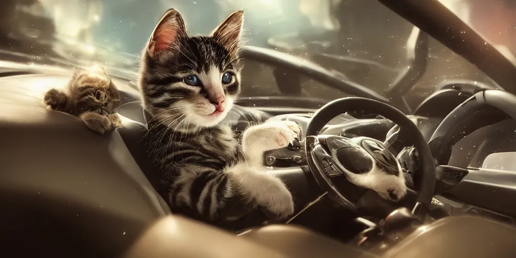 Prompt: a highly artistic portrayal of a kitten driving a car, realistic 4 k octane beautifully detailed render, 4 k post - processing, highly detailed, intricate complexity, epic composition, magical atmosphere, cinematic lighting, masterpiece, ultra hd