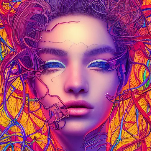 Image similar to the head of a ridiculously beautiful and pretty woman partially made of onion rings of all colors looking up, an ultrafine detailed illustration by james jean, final fantasy, intricate linework, bright colors, behance contest winner, vanitas, angular, altermodern, unreal engine 5 highly rendered, global illumination, radiant light, detailed and intricate environment