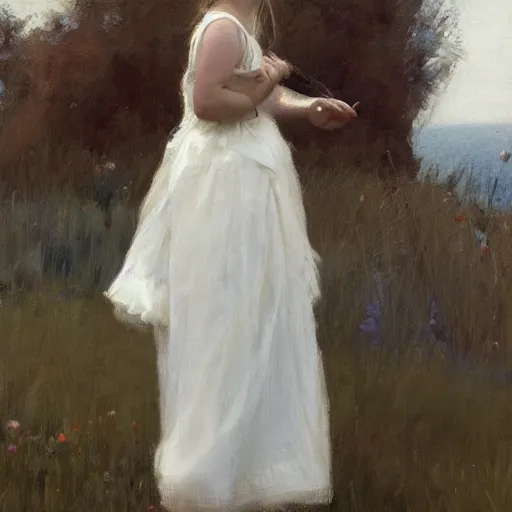 Prompt: girl in summer dress, brushing her long hair, jeremy lipking, joseph todorovitch