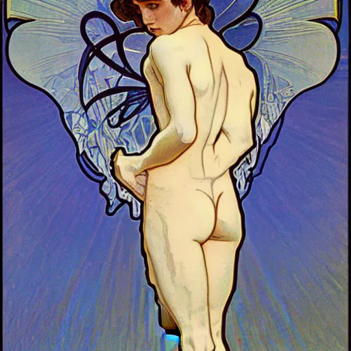 Image similar to ultra realistic illustration of young winged boy angel, full body, male body, elegant study, art nouveau poster by alphonse mucha