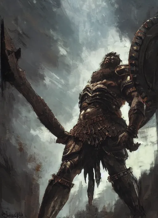 Image similar to ancient historically accurate depiction of the Bible Character Goliath of Gath, the Philistine warrior giant in ancient persian chainmail armor, dramatic lighting art by Yoji Shinkawa by Richard Schmid by greg rutkowski by Sandra Chevrier by Jeremy Lipking cinematic dramatic