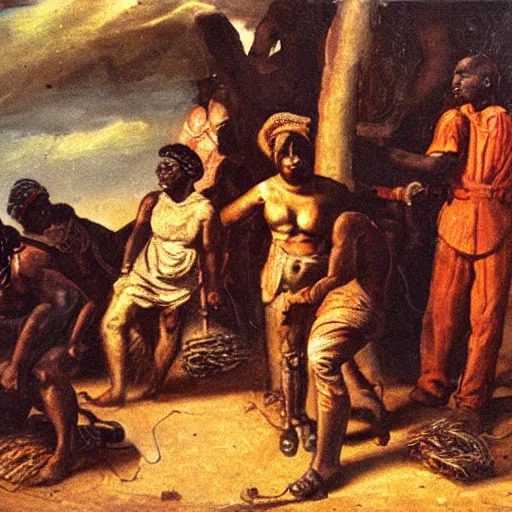 Prompt: painting of black slaves being freed from chains and shackles, detail, lighting