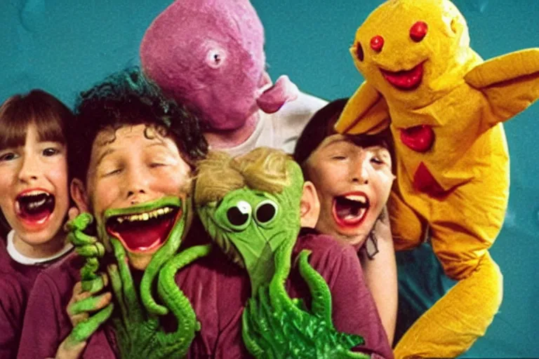 Prompt: full color frame from a live action 1972 kids show with Cthulhu, sad cheese puppet, and the friends having a tickle party, horror, grunge, upsetting