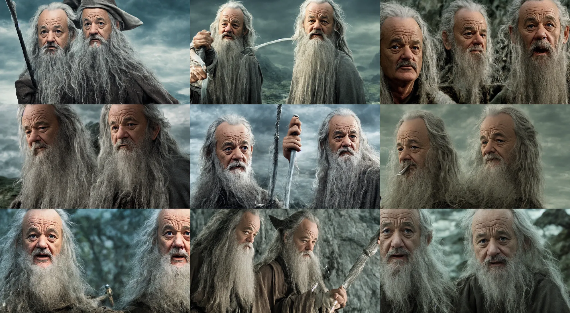 Prompt: bill murray as a gandalf in lord of the rings, 4 k movie screen capture, post processed, uhd, hdr.