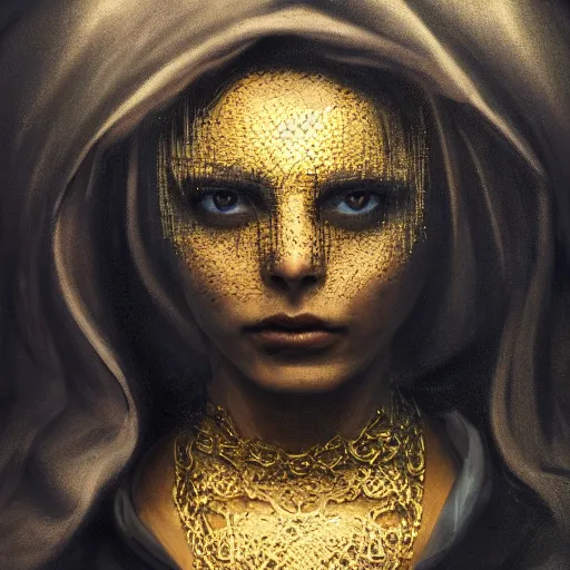 Image similar to a portrait of a young woman wearing a long dark cloak, hood and shadows covering face, holding golden chains, oil painting, matte painting, black background, Volumetric Golden dappled dynamic lighting, Highly Detailed, Cinematic Lighting, Unreal Engine, 8k, HD, by Beksinski