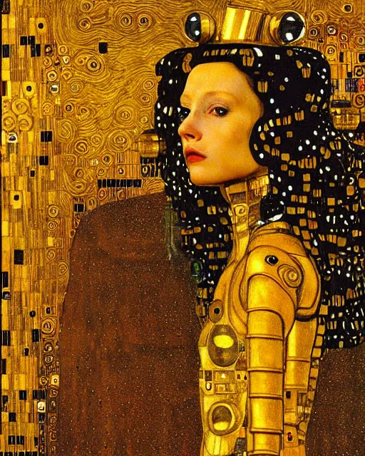 Prompt: Golden Portrait of a Robot from queen by Gustav Klimt, cyberpunk noir, baroque elements, intricate artwork by caravaggio, aesthetic, intricate, highly detailed, masterpiece