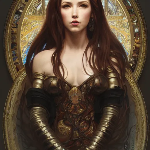 Image similar to Masterpiece head and shoulders Portrait of Tifa Lockheart drawn by Donato Giancola and Tom Bagshaw, face by Artgerm, overall design by Alphonse Mucha, background by James Jean and Gustav Klimt, light by Julie Bell, 4k, porcelain skin, komorebi, french nouveau, trending on artstation, octane render, hyperrealistic