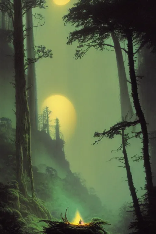 Image similar to emissary dark moody forest crescent moon home of the furry ewoks burning small fires that are illuminating the forest, foggy blue hour, waterfall, ( designated : ix 3 2 4 4 - a ) by arthur haas and bruce pennington and john schoenherr, cinematic matte painting, 8 k, dark color palate