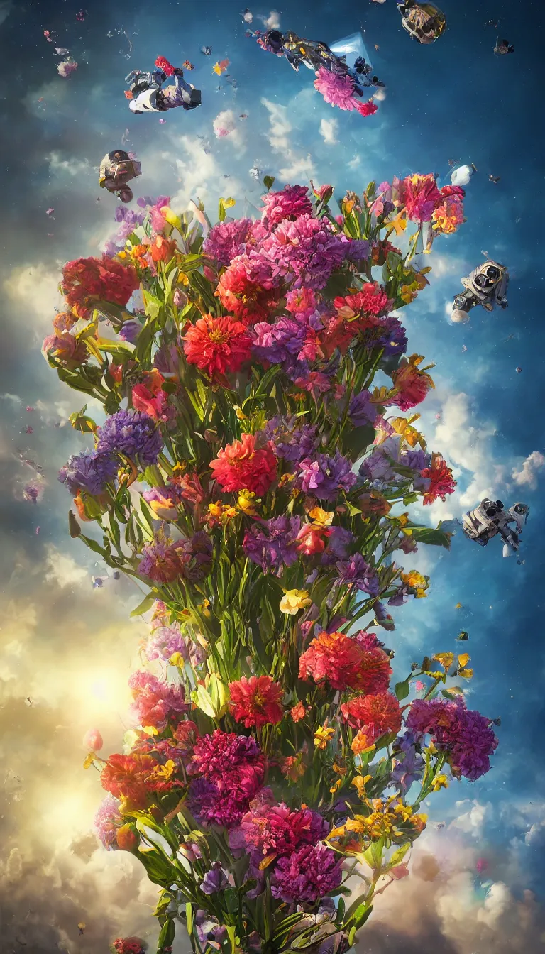 Image similar to An epic fantastic realism comic book style painting of the most beautiful flowers launched into space, bouquets, fisheye lens, unreal 5, DAZ, hyperrealistic, octane render, dynamic lighting