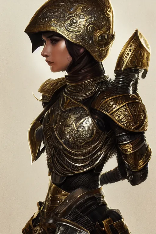 Image similar to a portrait of an attractive young female, ornate metallic helmet, clothed in battle armor, olive skin, long dark hair, beautiful bone structure, symmetrical facial features, intricate, elegant, highly detailed, digital painting, trending on Artstation, concept art, smooth, sharp focus, illustration, in the style of greg rutkowski