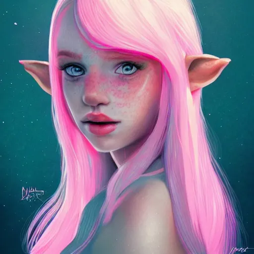 Image similar to girl portrait, elven princess, head and shoulders, matte print, pastel pink, neon highlights, digital art, cute freckles, digital painting, fan art, elegant, pixiv, by Ilya Kuvshinov, daily deviation, IAMAG