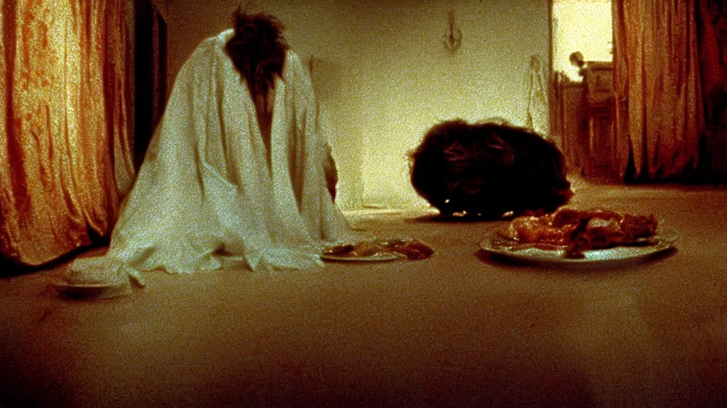 Image similar to the face with the plate of food under my bed, film still from the movie directed by denis villeneuve and david cronenberg with art direction by salvador dali and zdzisław beksinski, wide lens