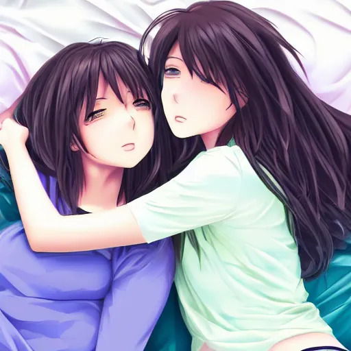 Image similar to digital anime art, two girls cuddling together on bed