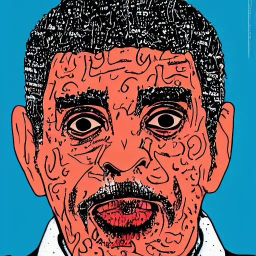 Image similar to omar souleyman in the style of daniel johnston and outsider art, 4k, overlaid with arabic text