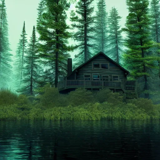 Prompt: a cabin in the woods, underwater, dense trees, dark, eerie, 8k, high definition, highly detailed, photo realistic