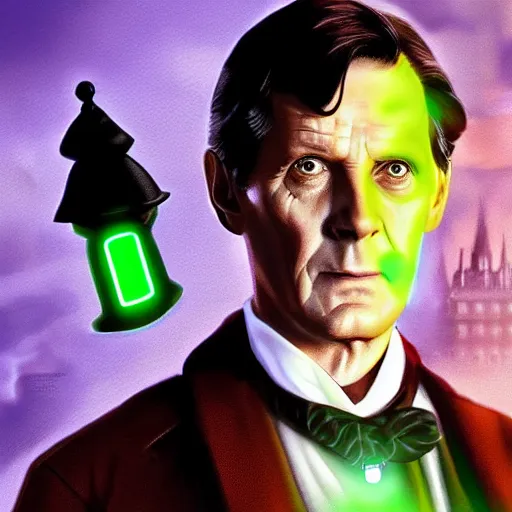 Image similar to Jeremy Brett as Sherlock Holmes as a powerful Warlock, with green energy emanating from his eyes, digital art 8k