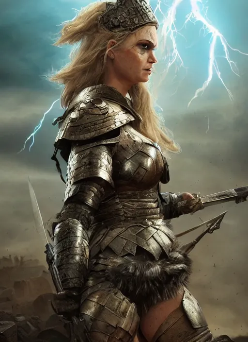 Image similar to angry valkyrie woman warrior in the aftermath battlefield, detailed scenic view, intricate details, hyper realistic, dramatic lightning, 8k resolution, cinematic composition, trending on artstation