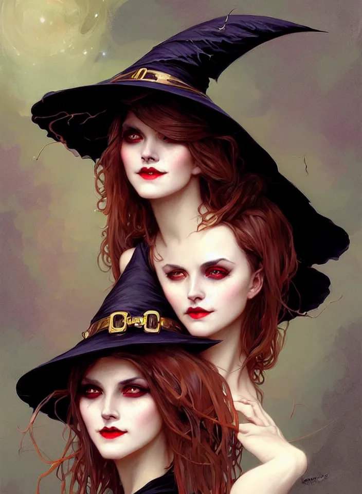 Image similar to halloween witch woman in a hat smiles, fantasy magic, undercut hairstyle, dark light night, intricate, elegant, sharp focus, illustration, highly detailed, digital painting, concept art, matte, art by wlop and artgerm and greg rutkowski and alphonse mucha, masterpiece