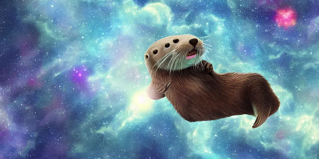 Prompt: an otter floating in space with a nebula in the background, film still, digital painting, concept art