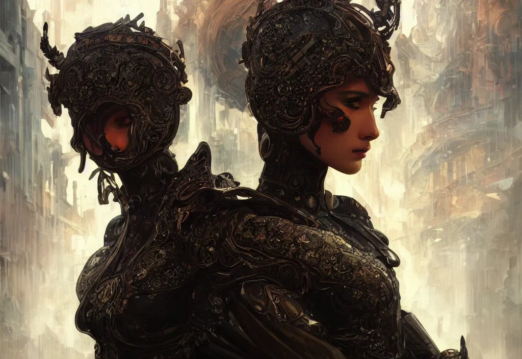 Image similar to portrait knights of zodiac girl + smoky eyes, black fire color reflected armor, in ruined agora of athens rainy night, ssci - fi and fantasy, intricate and very beautiful and elegant, highly detailed, digital painting, artstation, concept art, smooth and sharp focus, illustration, art by tian zi and wlop and alphonse mucha