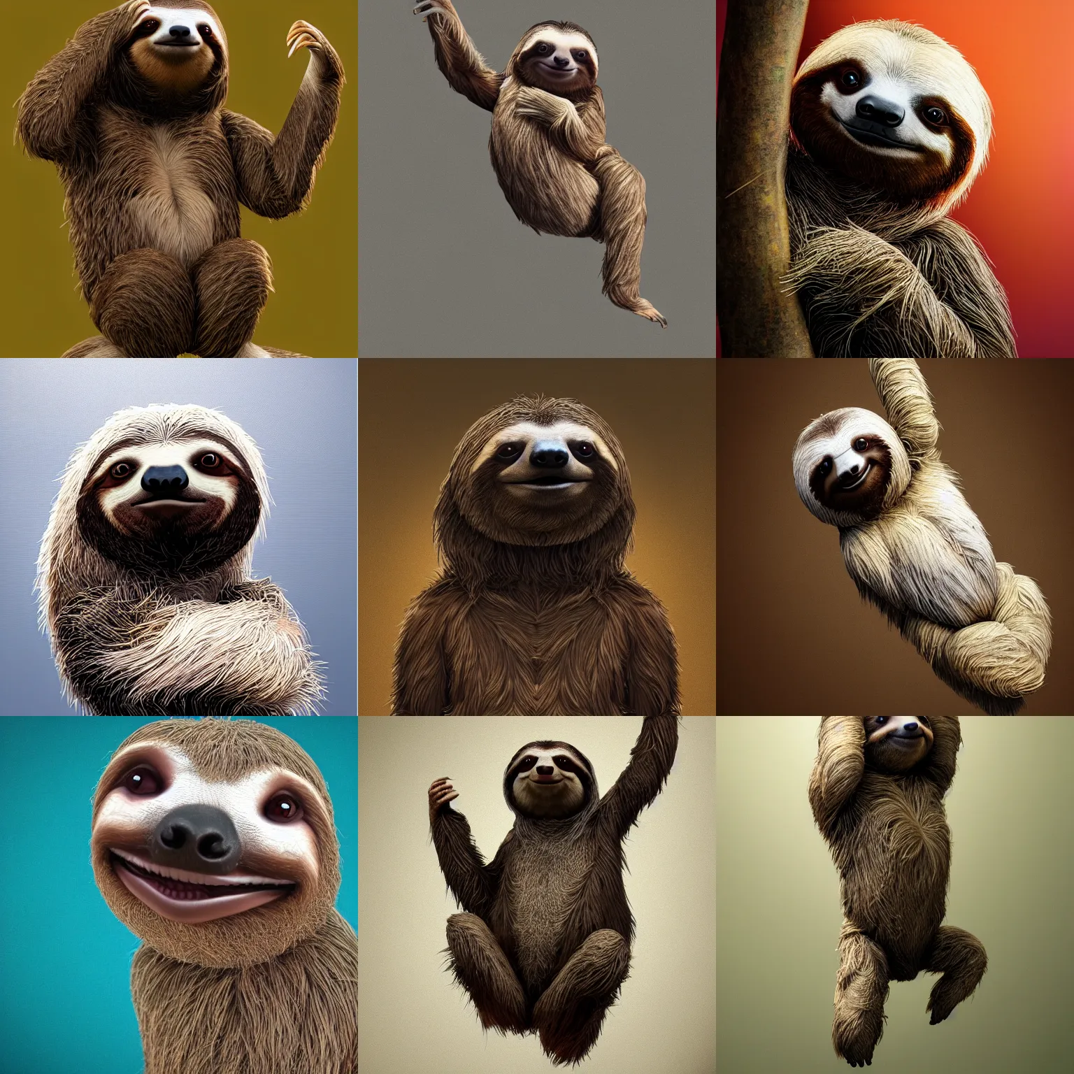 Prompt: a beautiful portrait render of a sloth dancing with joy, full body art, trending on ArtStation