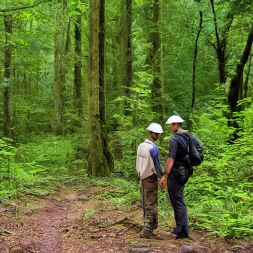 Image similar to two figures meeting in a sunny safe clearing in a dark dangerous forest