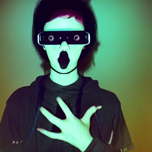 Image similar to kodak portra 4 0 0 photograph of a skinny goth nerd sitting in front of computer screen with face lit up, wearing goggles, moody lighting, telephoto, 9 0 s vibe, blurry background, vaporwave colors, faded!,